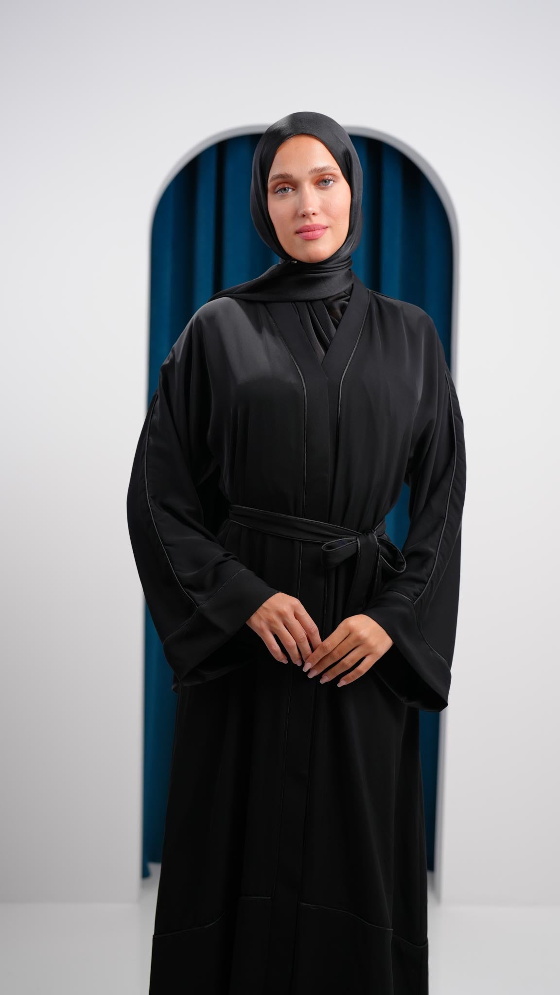 black abaya with buttons and black line