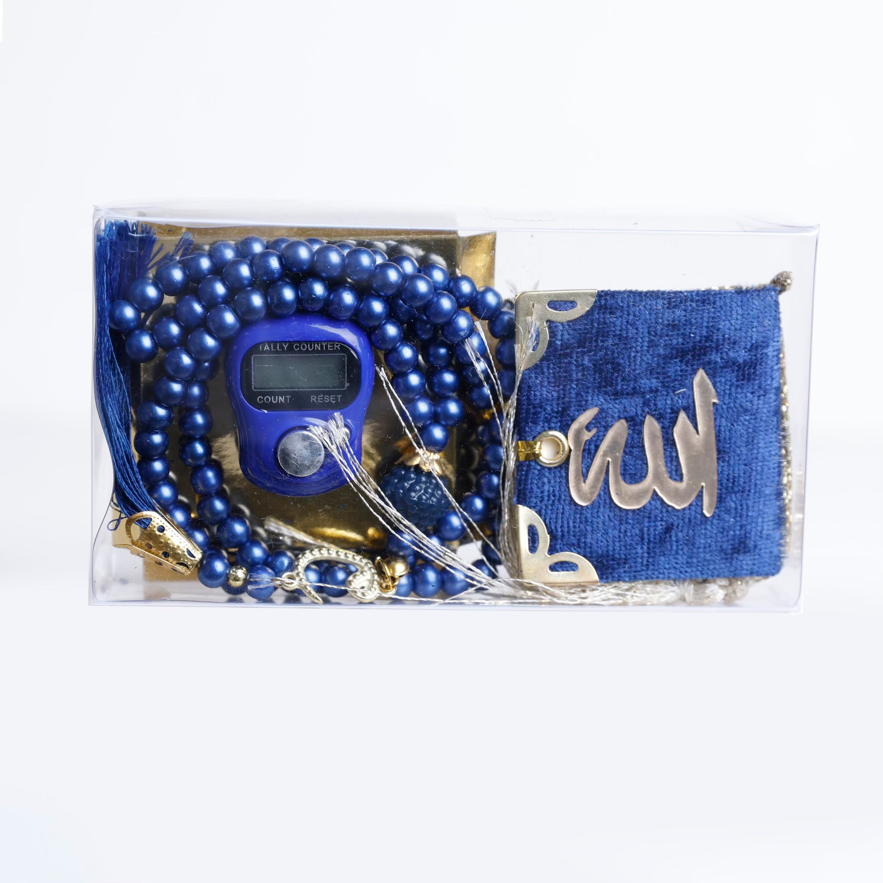 Navy Transparent Box Set – Small Quran, Tasbih, and Prayer Counter