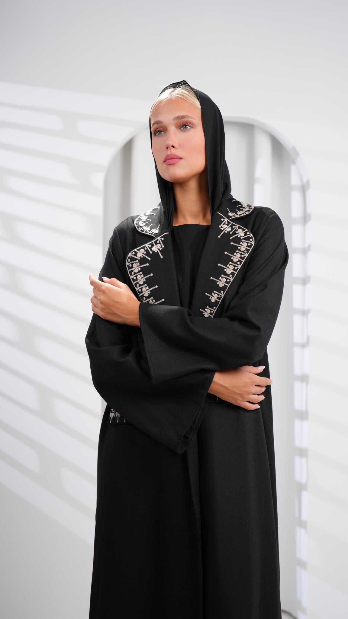 long black and white embroidered blazer abaya