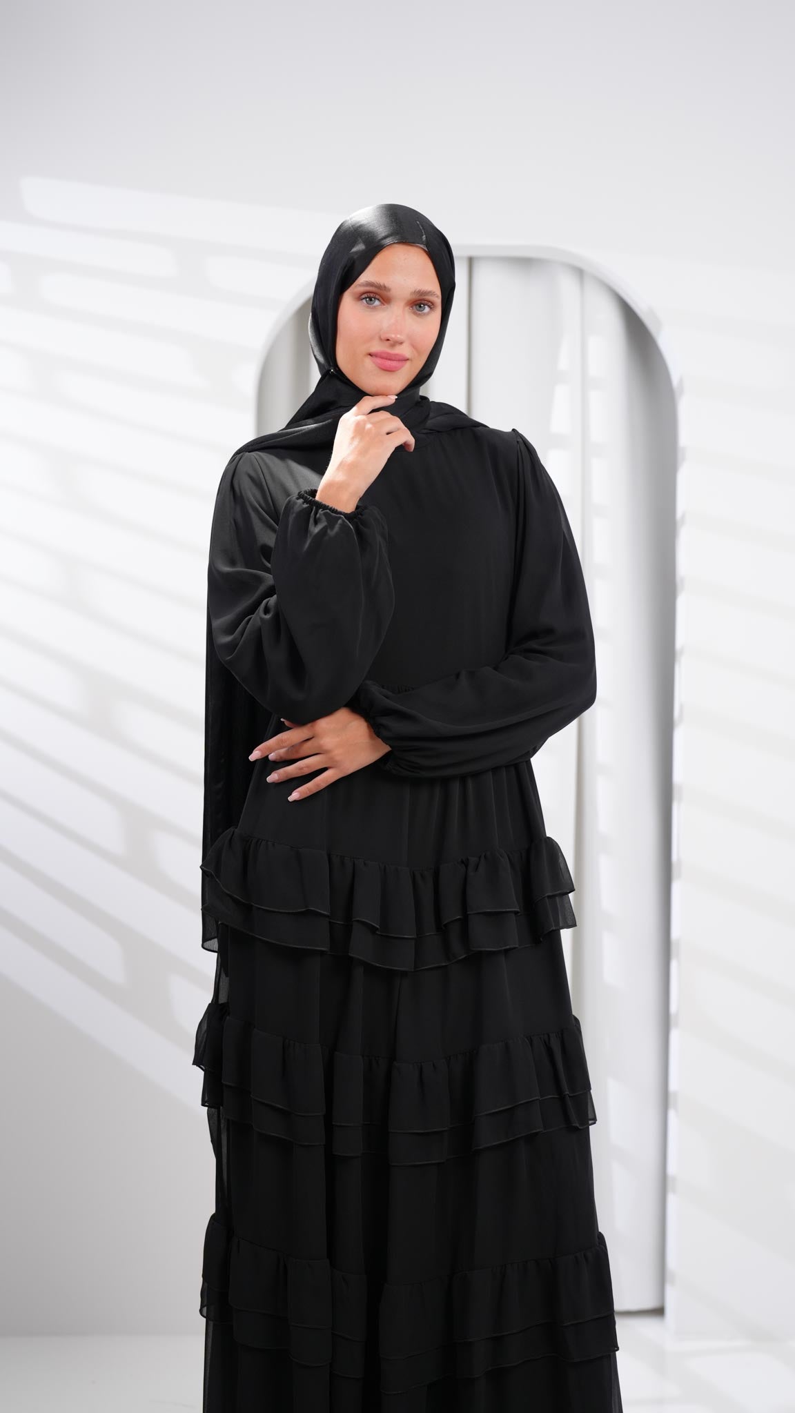 Black abaya dress with doubled ruffles