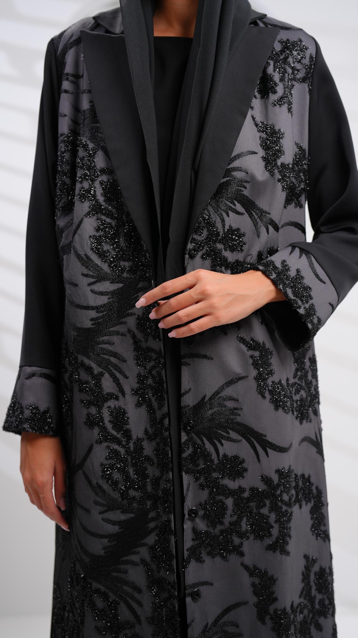 long black and grey embroidered blazer abaya