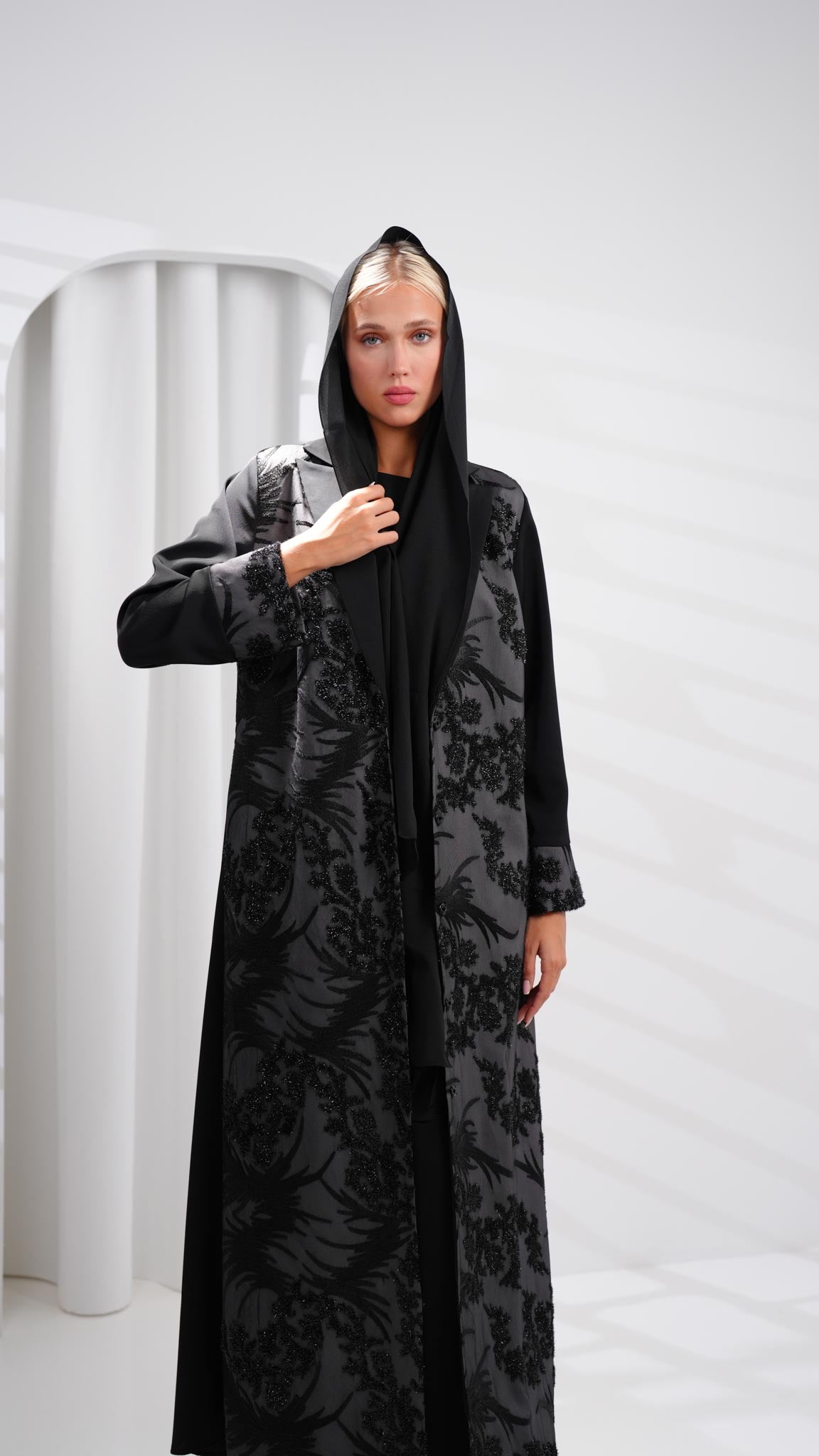 long black and grey embroidered blazer abaya