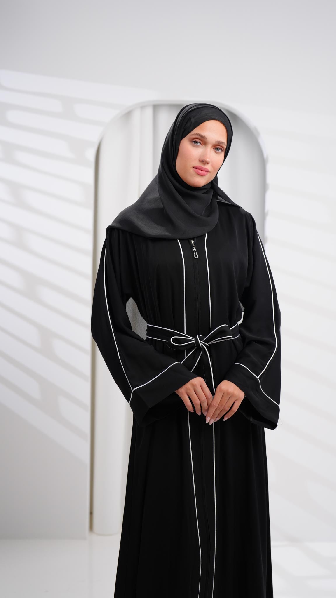 Black Abaya with Buttons and White Line