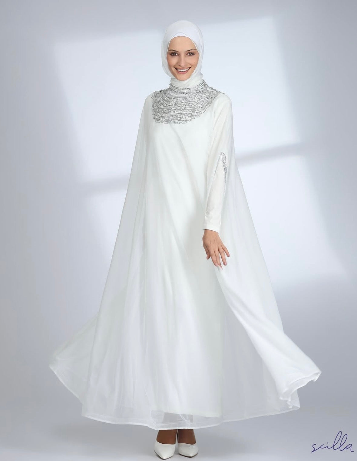 White Embellished Lycra Abaya Dress