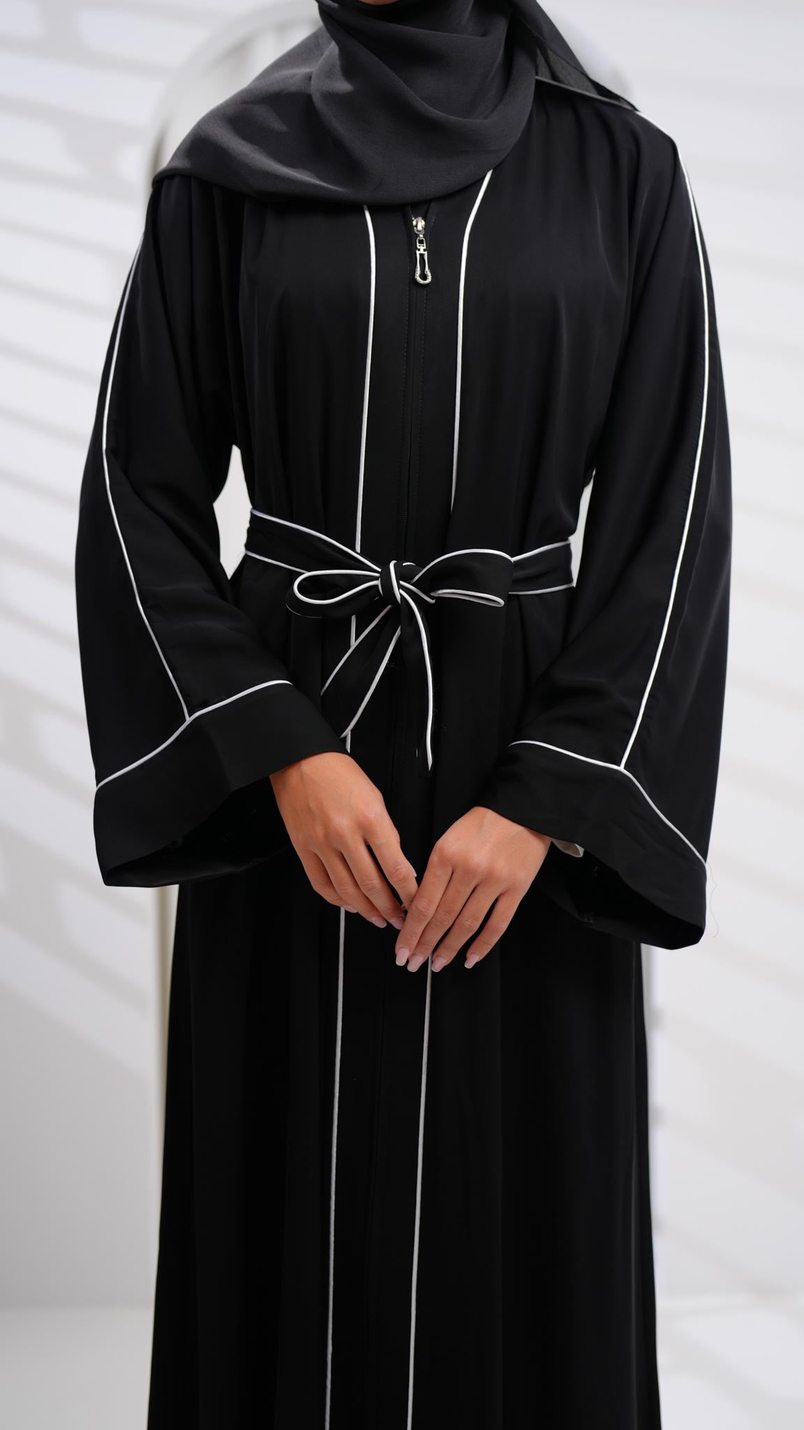 Black Abaya with Buttons and White Line