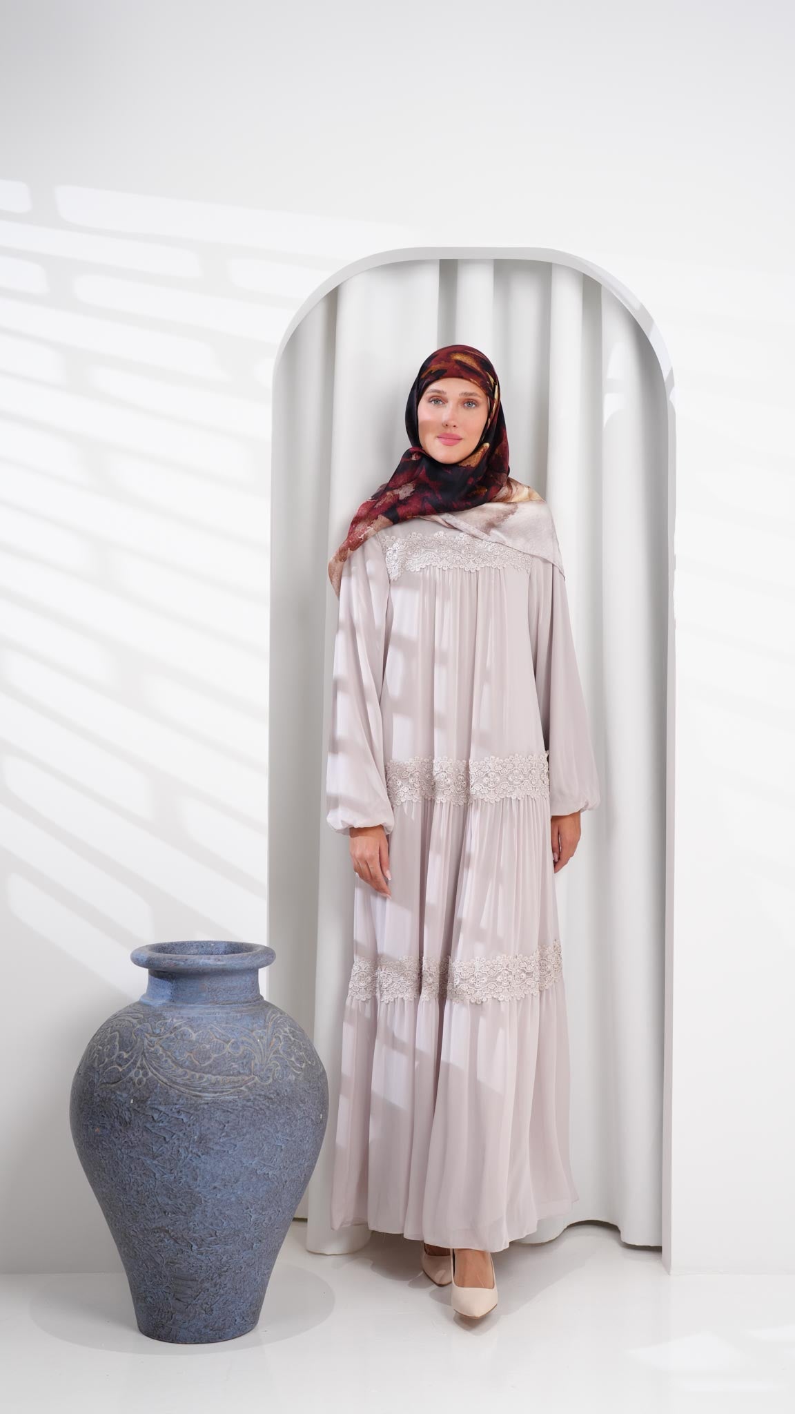 beige abaya dress Beige Abaya Dress with Guipure Lace | ScillaShop
