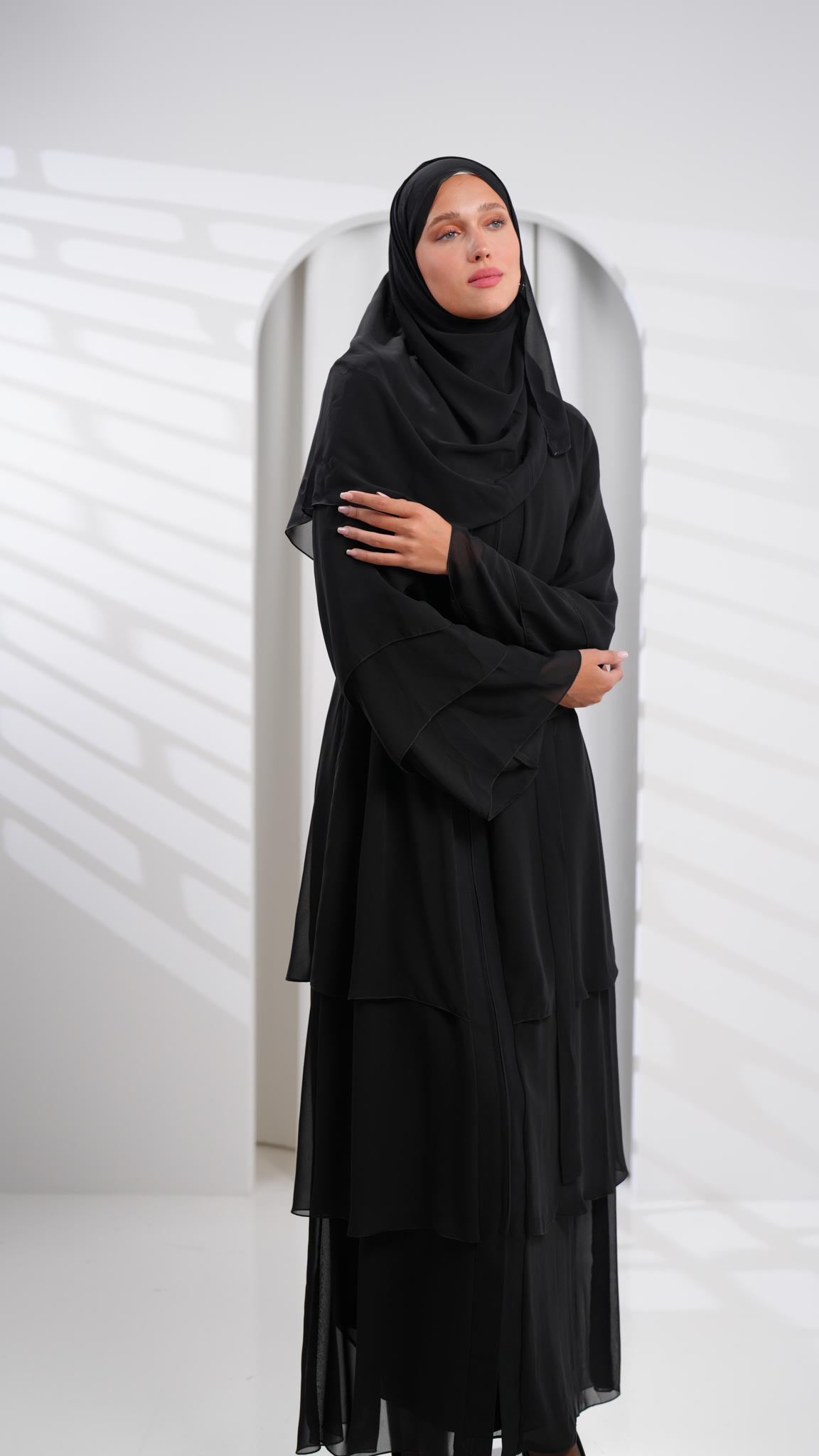 Black Chiffon Open Ruffle Abaya