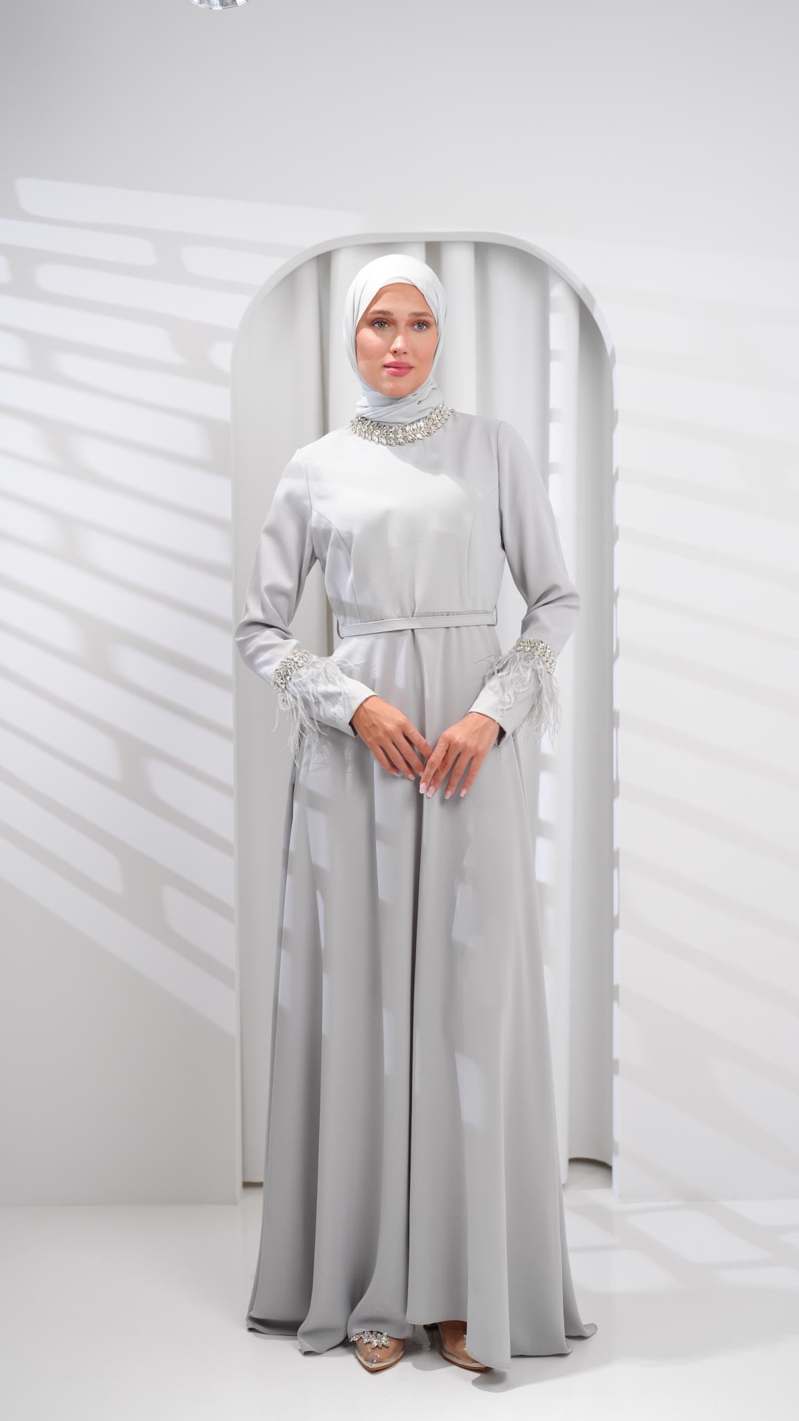 grey abaya dress with leather and crystals sleeves