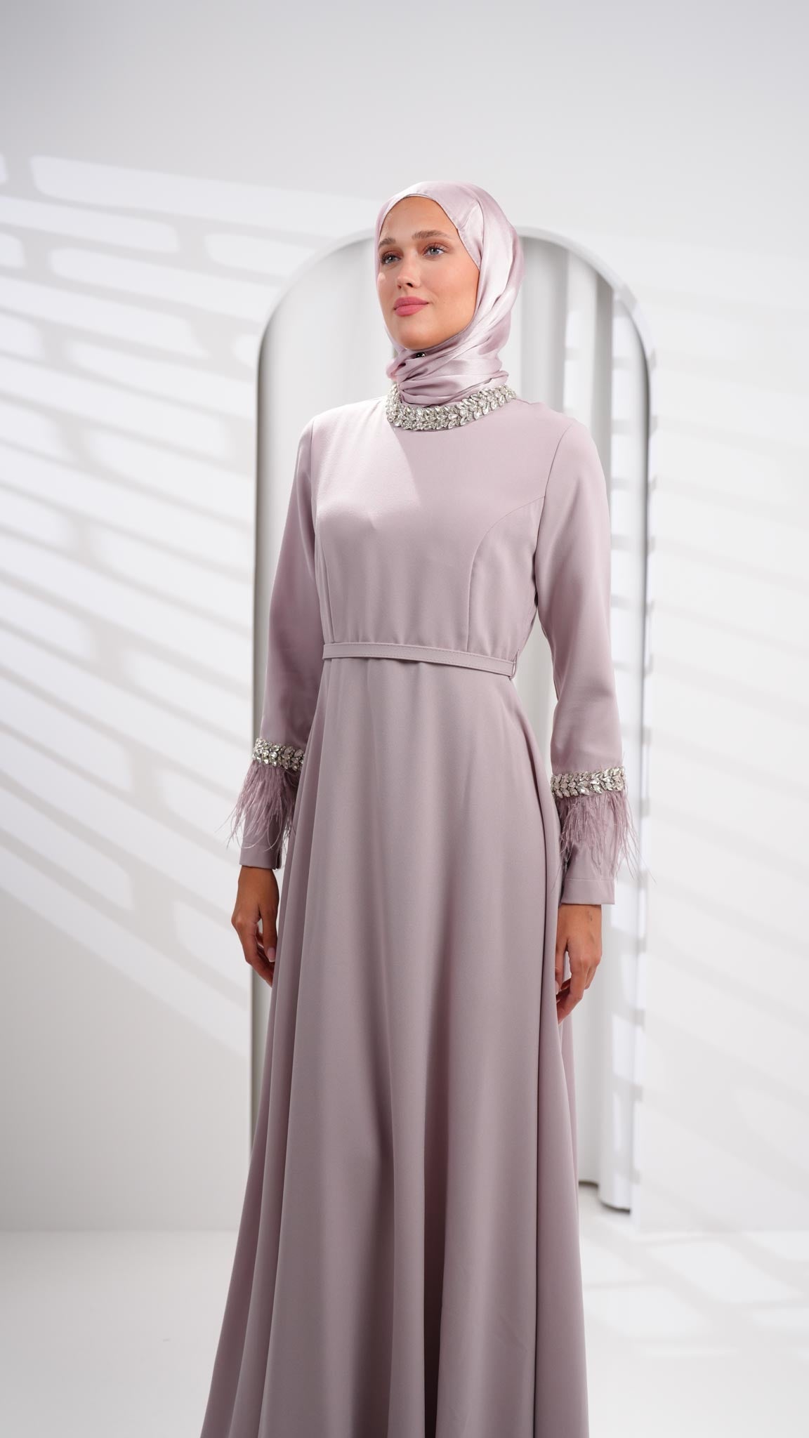 purple abaya dress with leather and crystals on sleeves