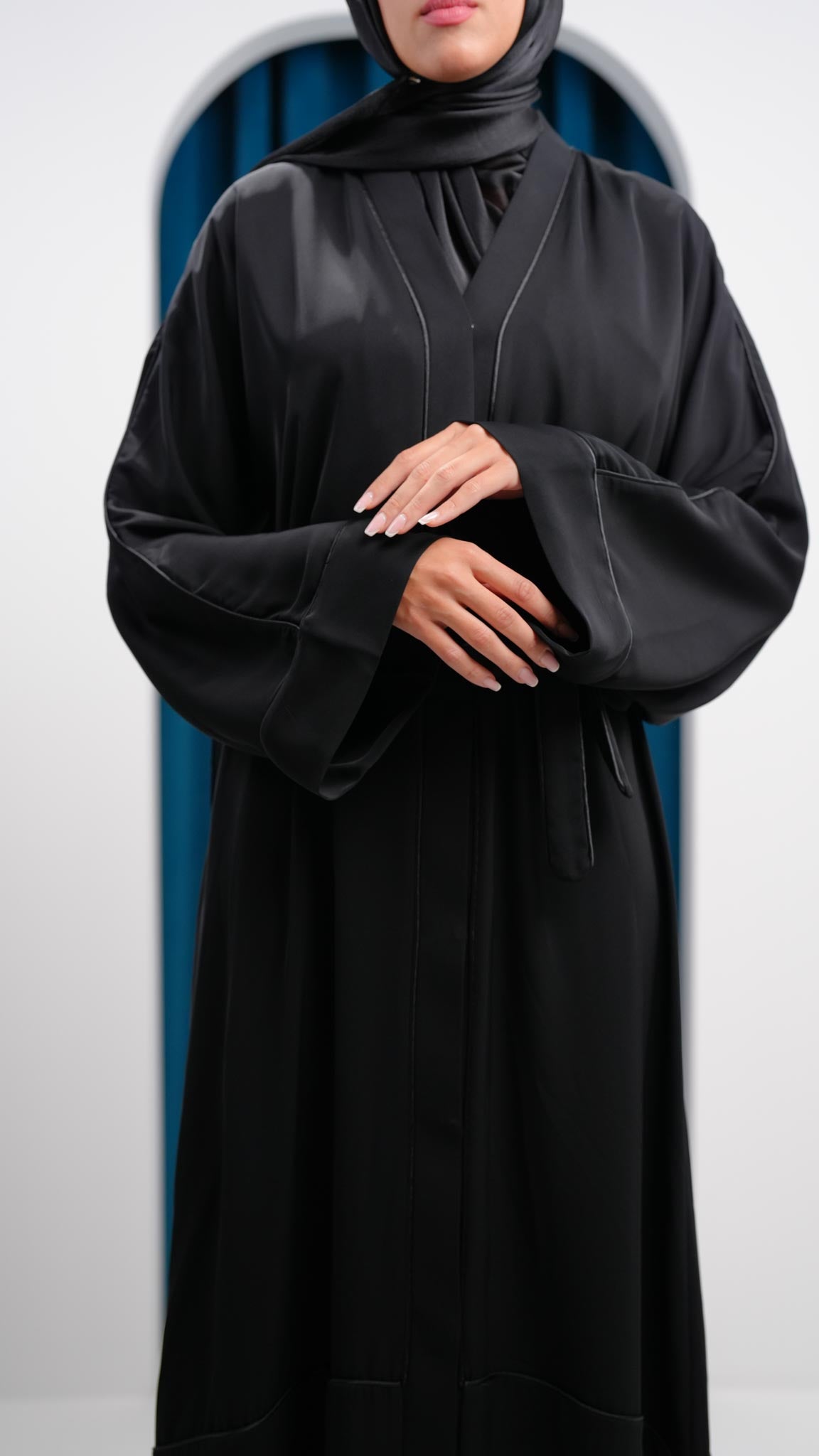 black abaya with buttons and black line