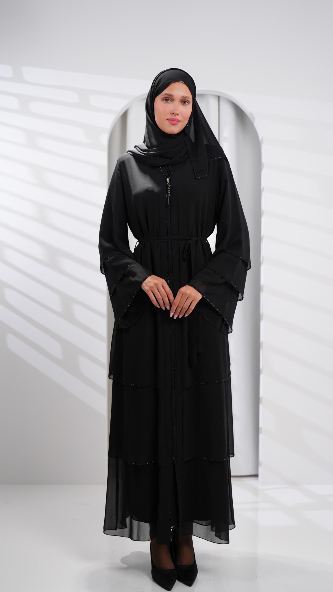 Black Zipper Chiffon Ruffle Abaya with Strass