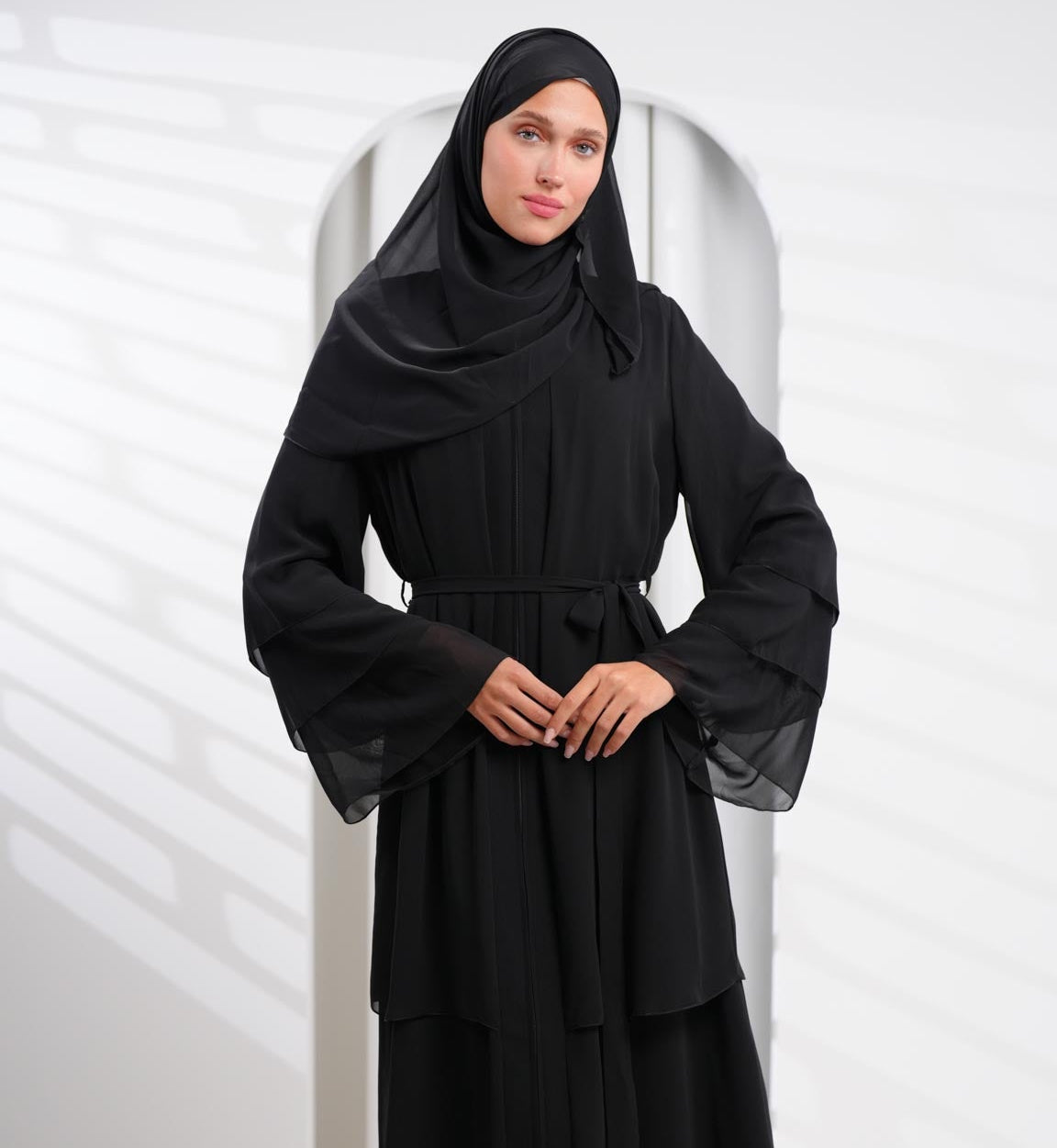 Black Chiffon Open Ruffle Abaya