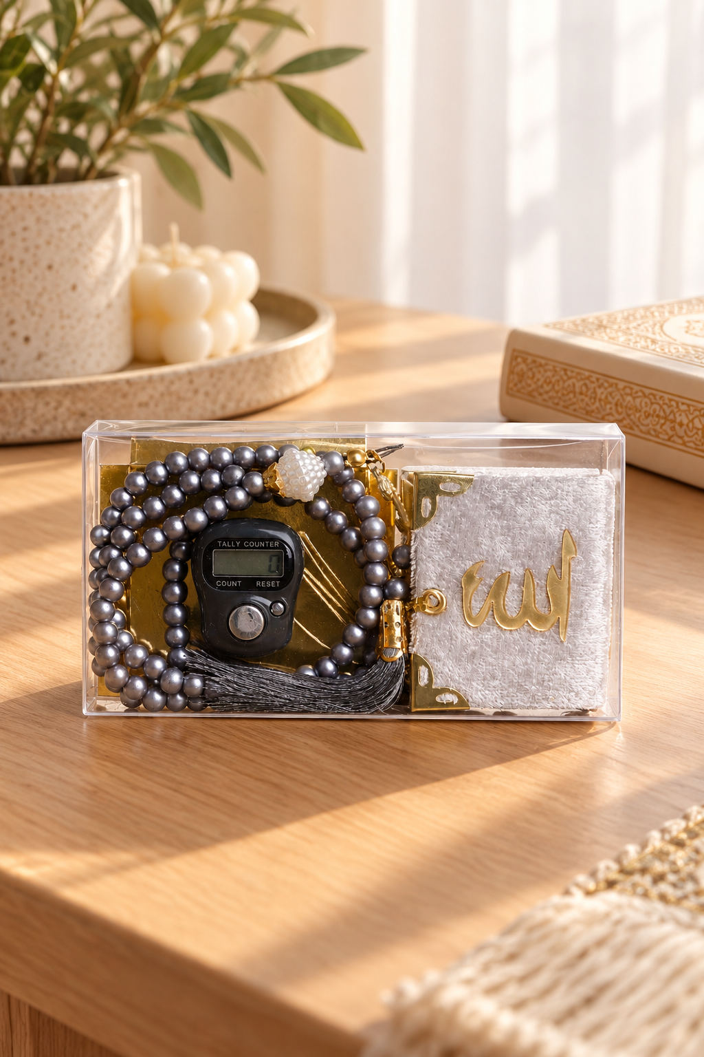 Silver Transparent Box Set – Small Quran, Tasbih, and Prayer Counter