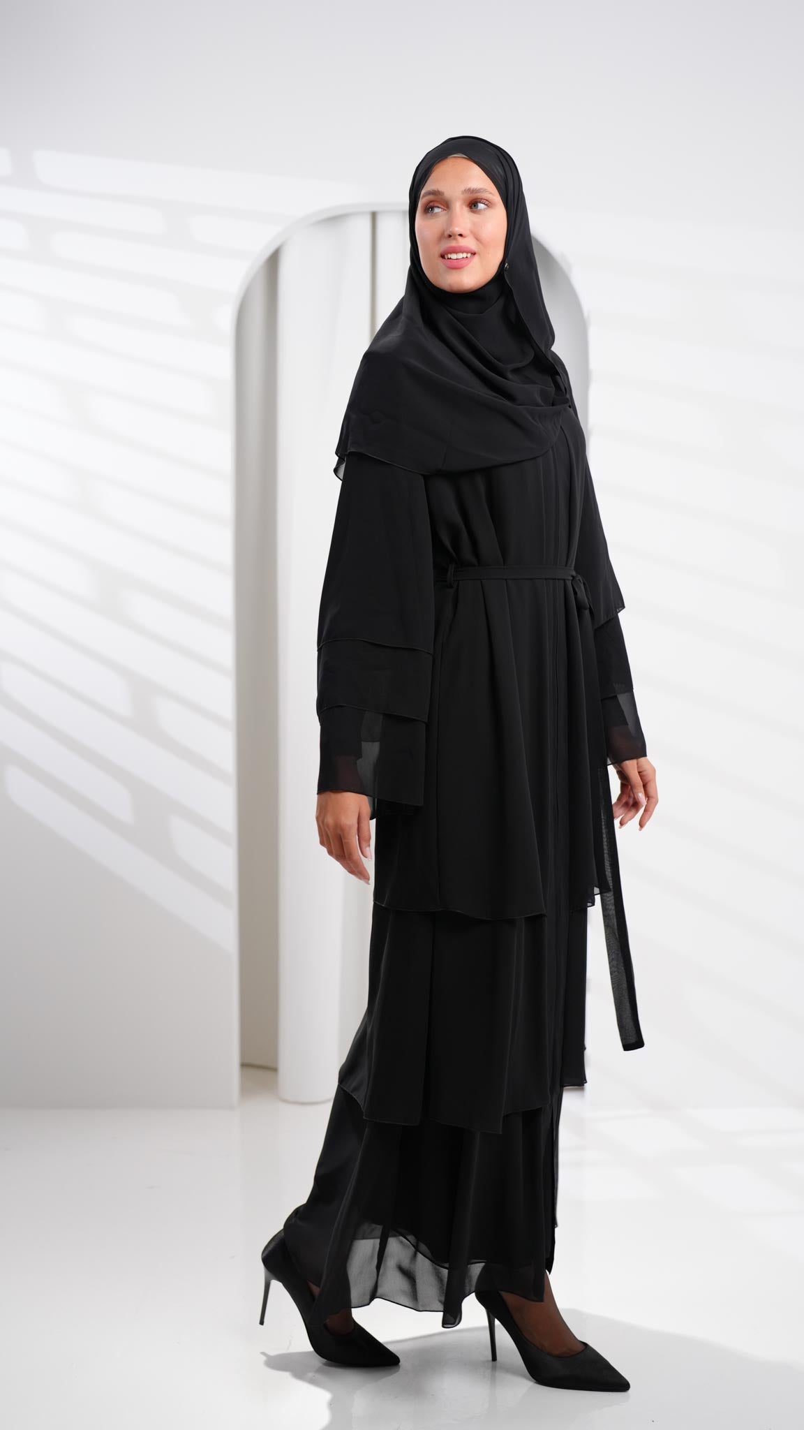 Black Chiffon Open Ruffle Abaya