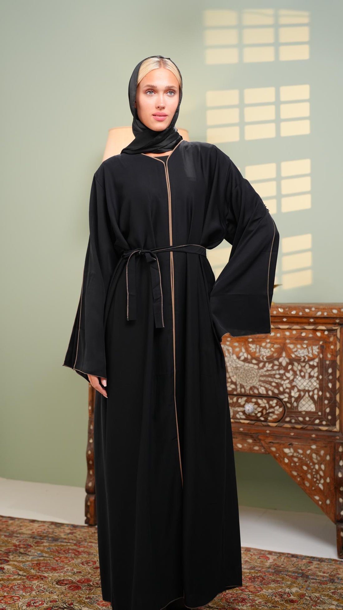 black plain khaliji abaya with gold line