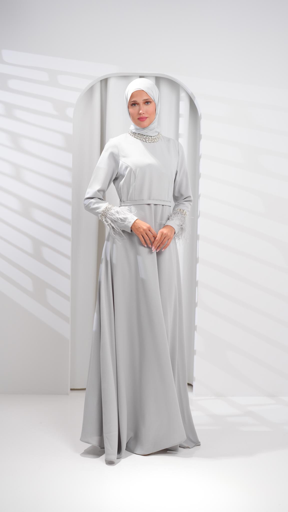 grey abaya dress with leather and crystals sleeves