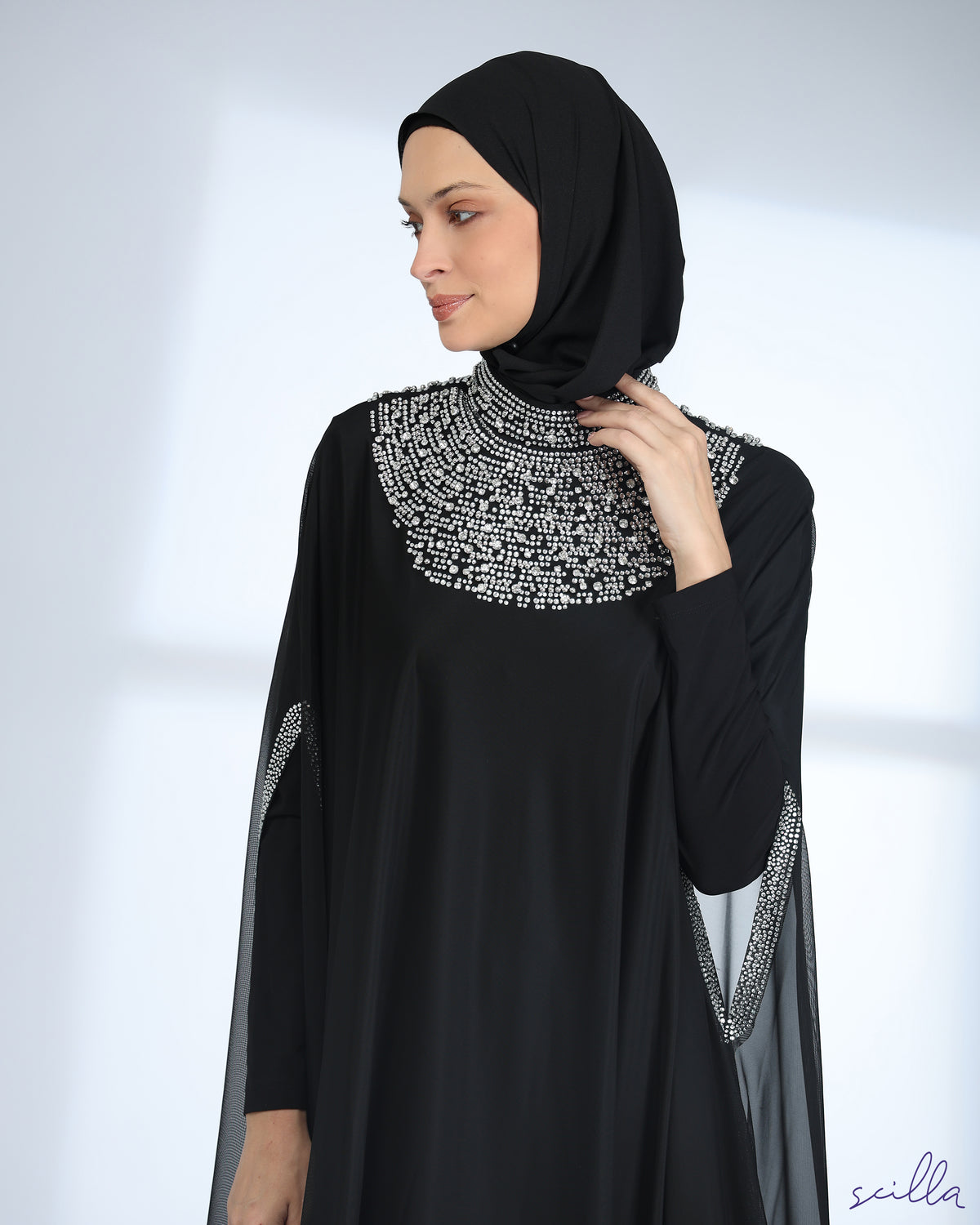 Black Embellished Lycra Abaya Dress