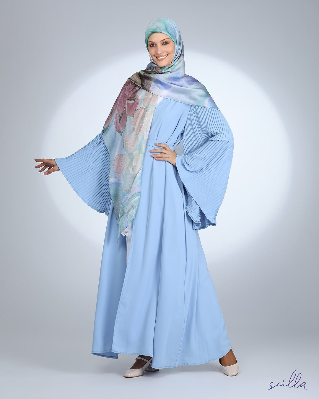 Baby Blue Open Abaya with Plisse Sleeves