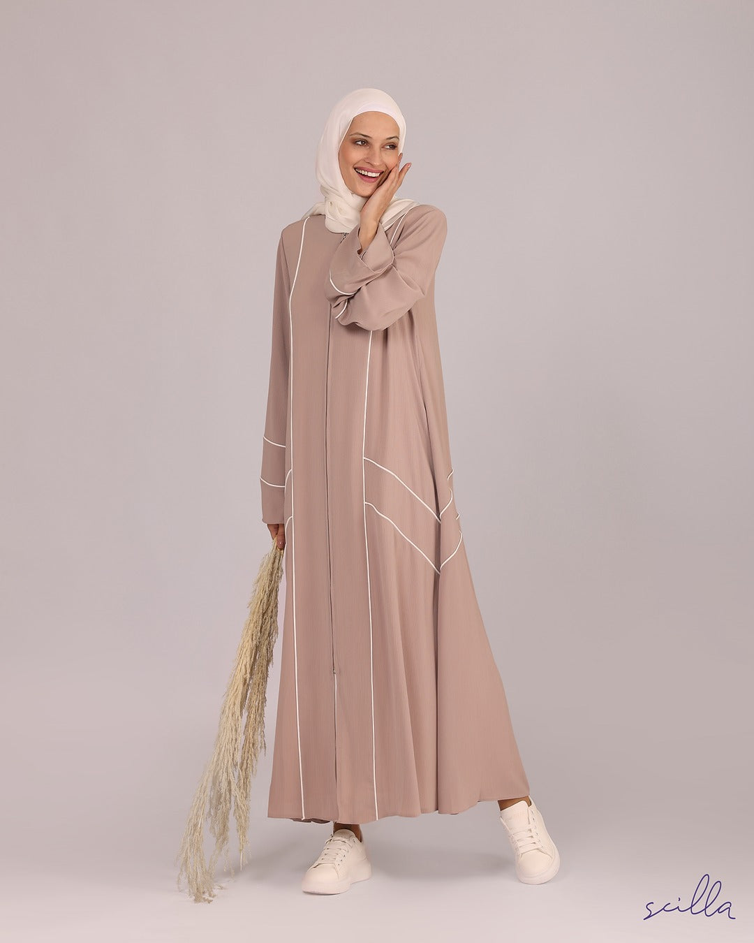 Beige Hooded Abaya with White Line and Zipper