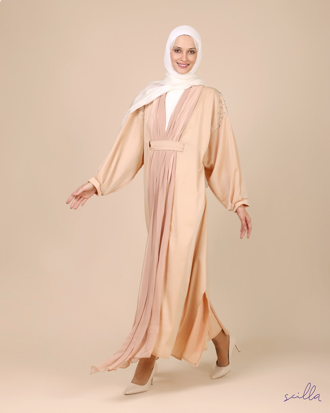 Beige Open Abaya with Plisse, Belt, and Beaded Shoulders