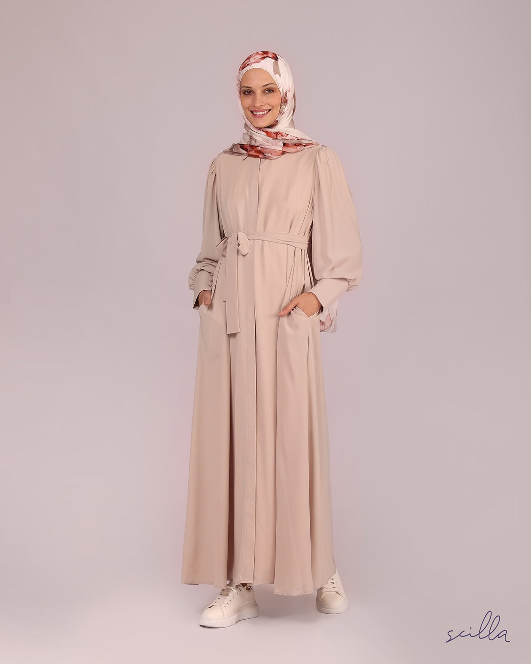 Beige Zipper Abaya with Buttons