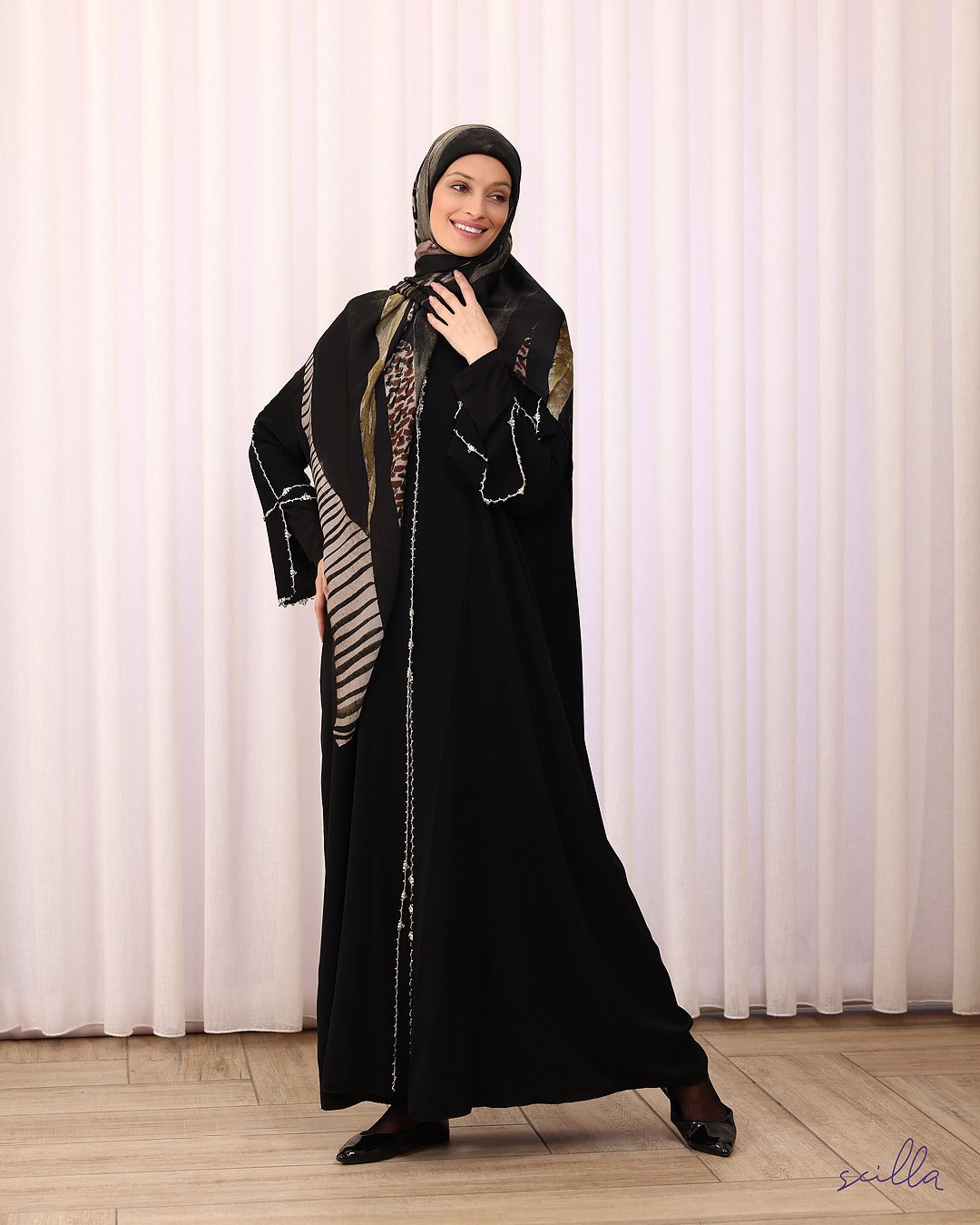 Black Abaya with Beige Embroidery and Silver Strass