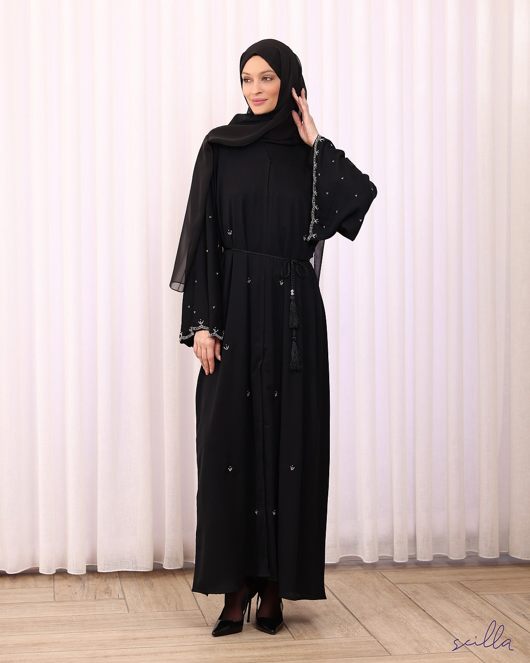 Black Abaya with Silver Beaded Sleeves