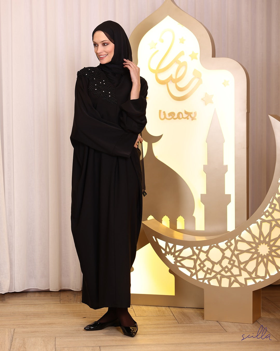 Black Butterfly Abaya with Pearl Shoulders