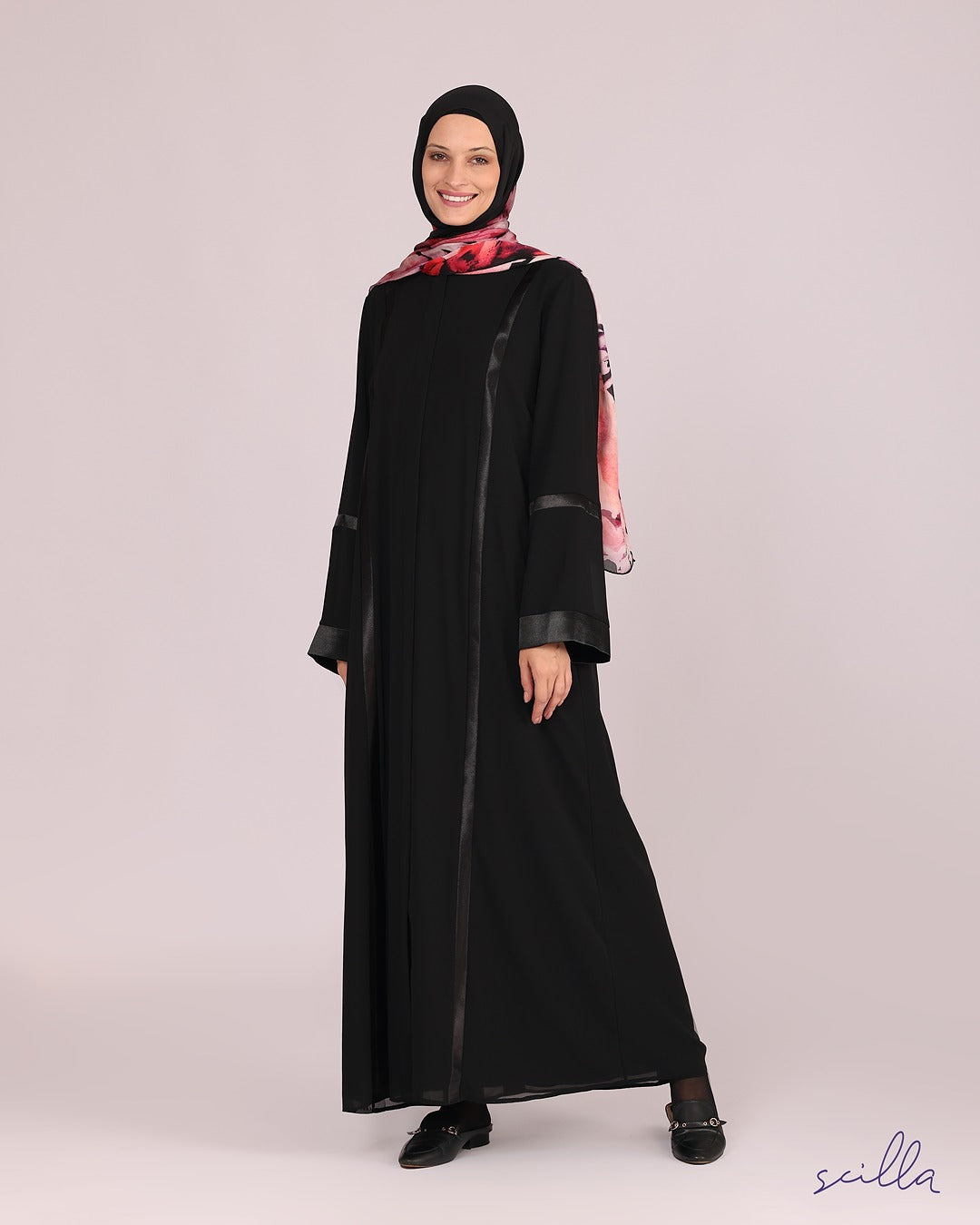 Black Chiffon Abaya with Grey Satin Trim
