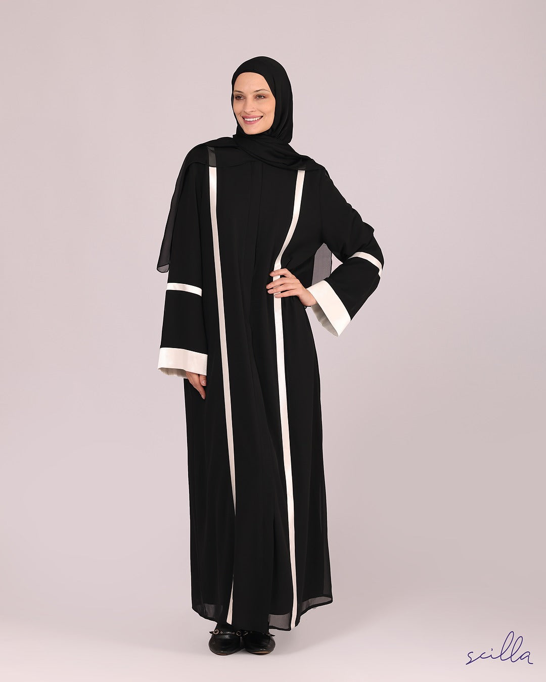 Black Chiffon Abaya with White Satin Trim