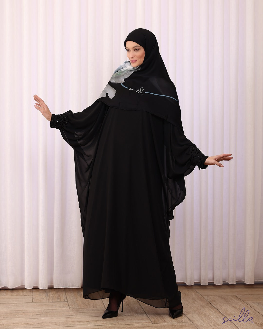 Black Chiffon Butterfly Abaya with Beaded Sleeves