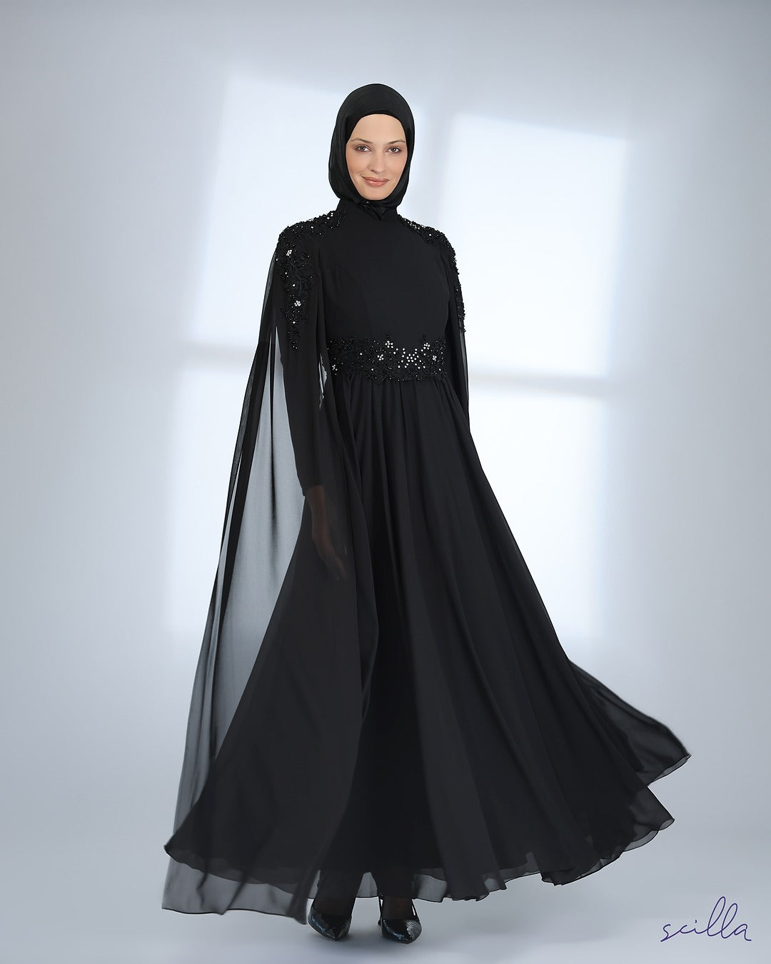 Black Chiffon Dress Abaya with Sleeve Extension