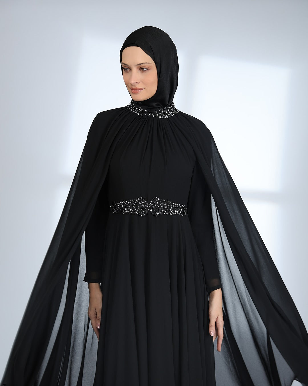 Black Crepe Dress Abaya with Beads on Neck & Waist + Chiffon Gown