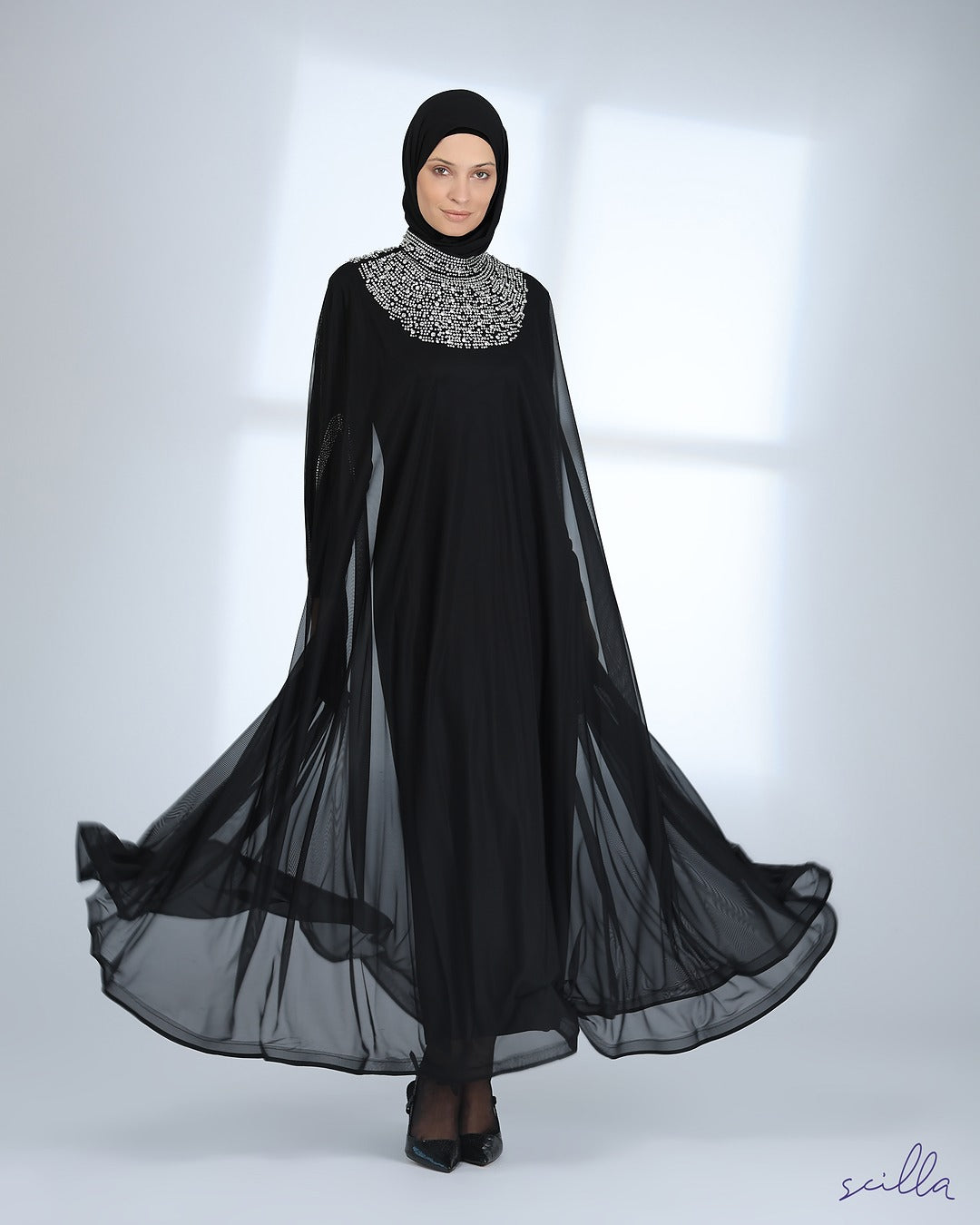 Black Lycra Dress Abaya with Beaded Chiffon Gown