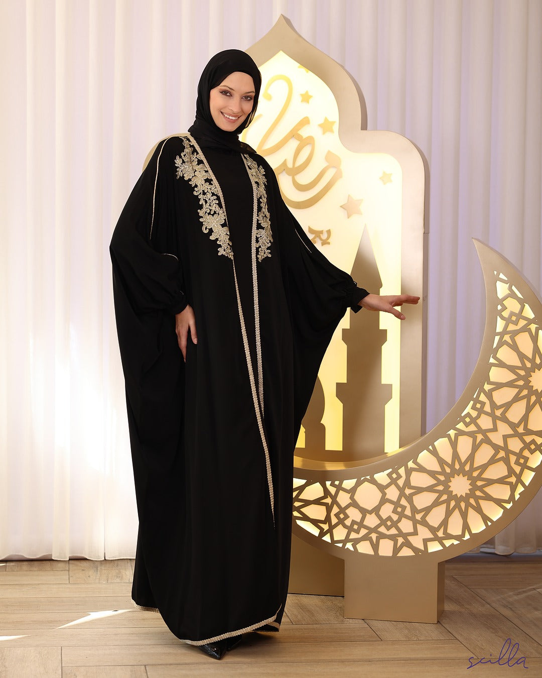 Black Open Butterfly Abaya with Gold Trim on Chest