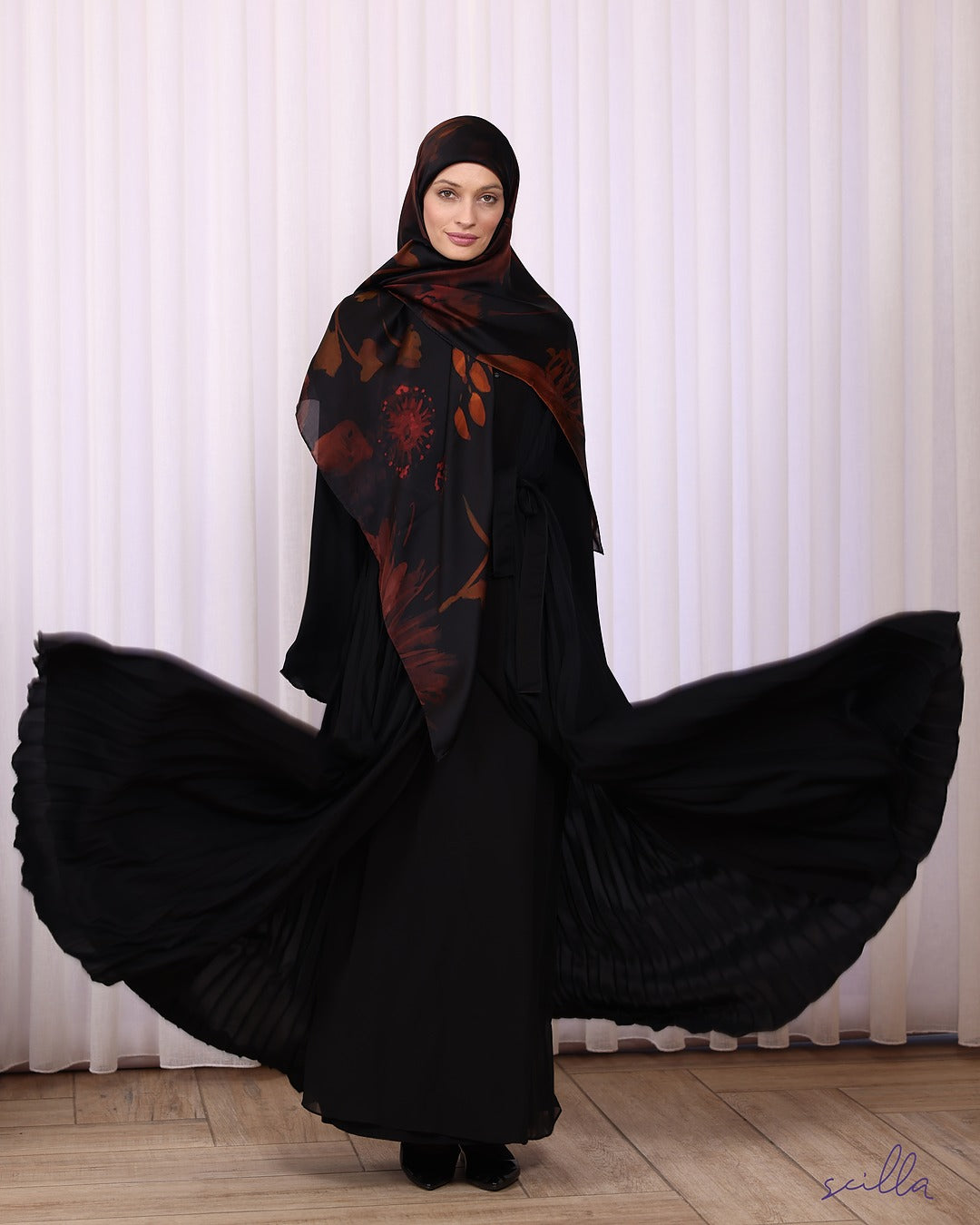 Black Open Flared Plisse Abaya