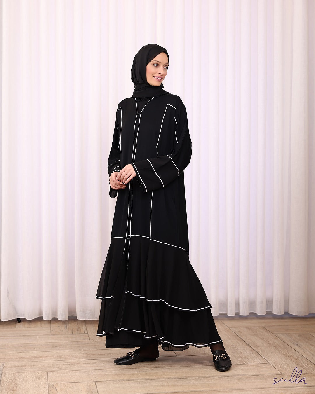 Black Ruffled Abaya with White Line