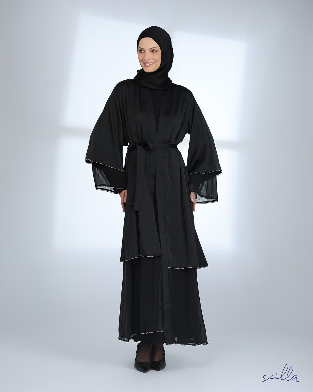 Black Satin Open Ruffle Abaya with Strass