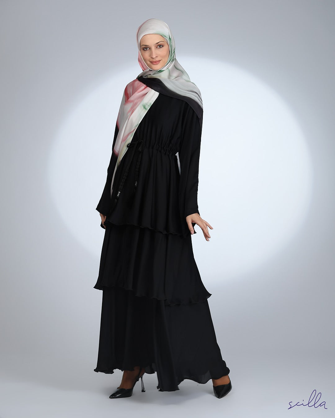 Black Satin Ruffle Abaya