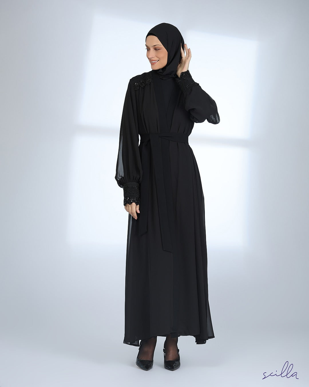 Black Twin Abaya with Chiffon Gown, Guipure & Beads on Sleeves & Back