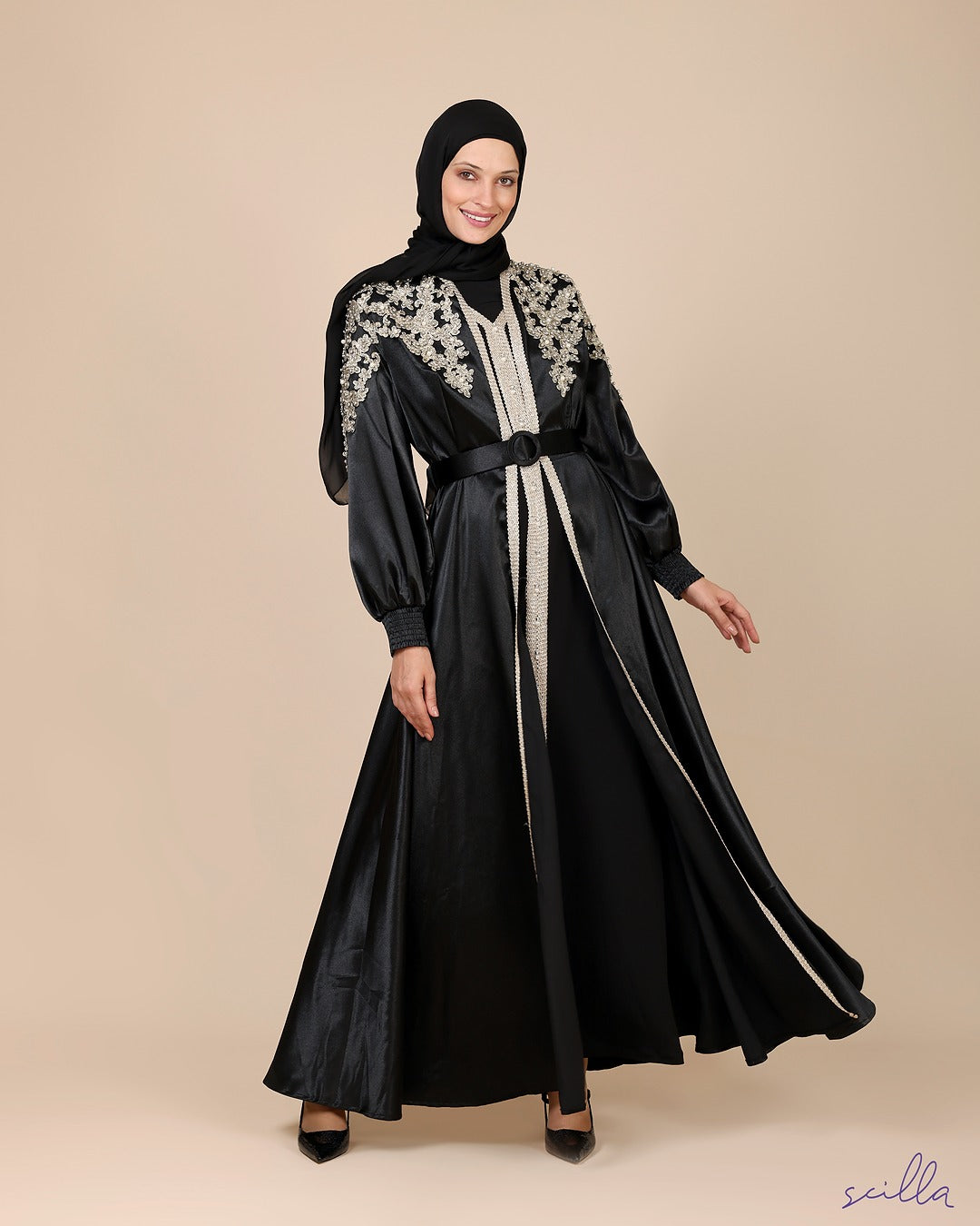 Black Twin Satin Abaya with Gold Embroidery and Beads