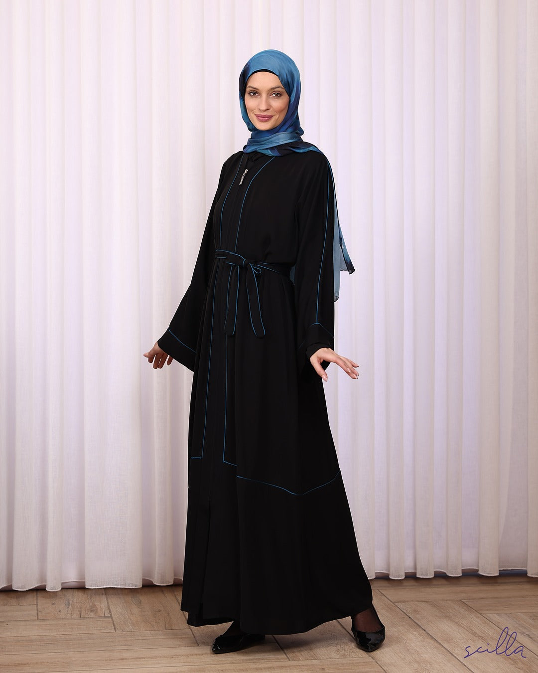 Black Zipper Abaya with Blue Line