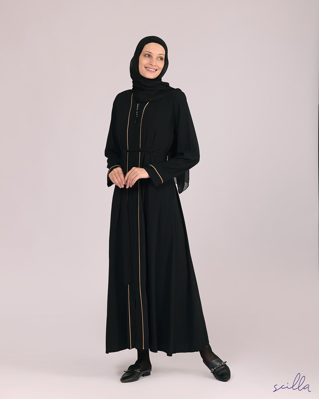 Black Zipper Abaya with Gold Line