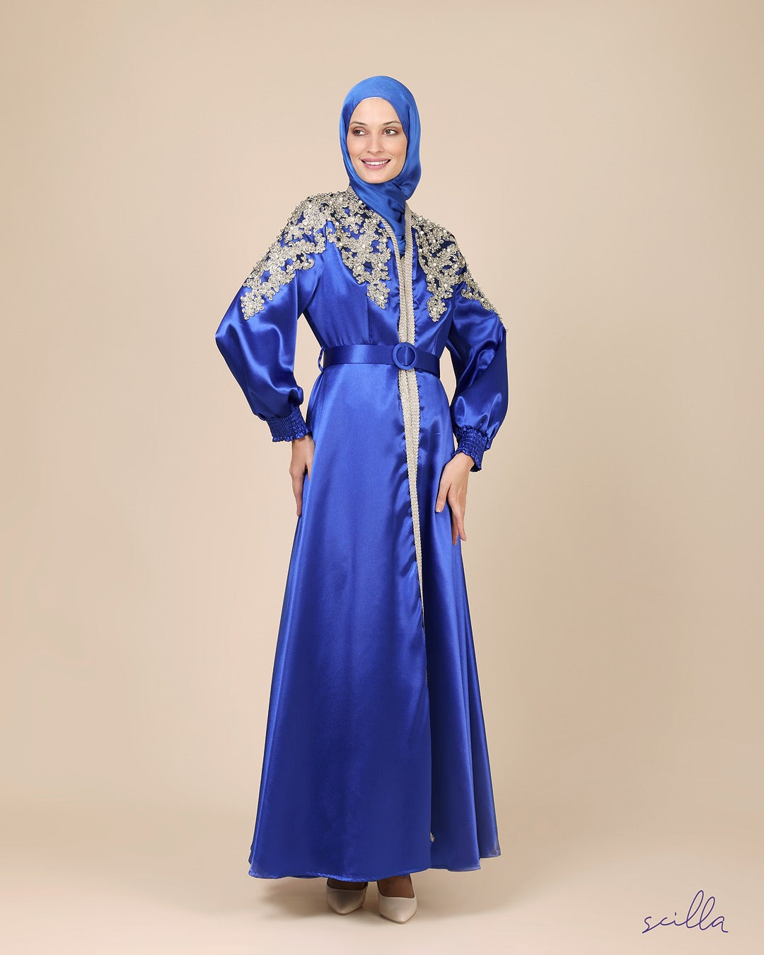 Blue Twin Satin Abaya with Gold Embroidery and Beads