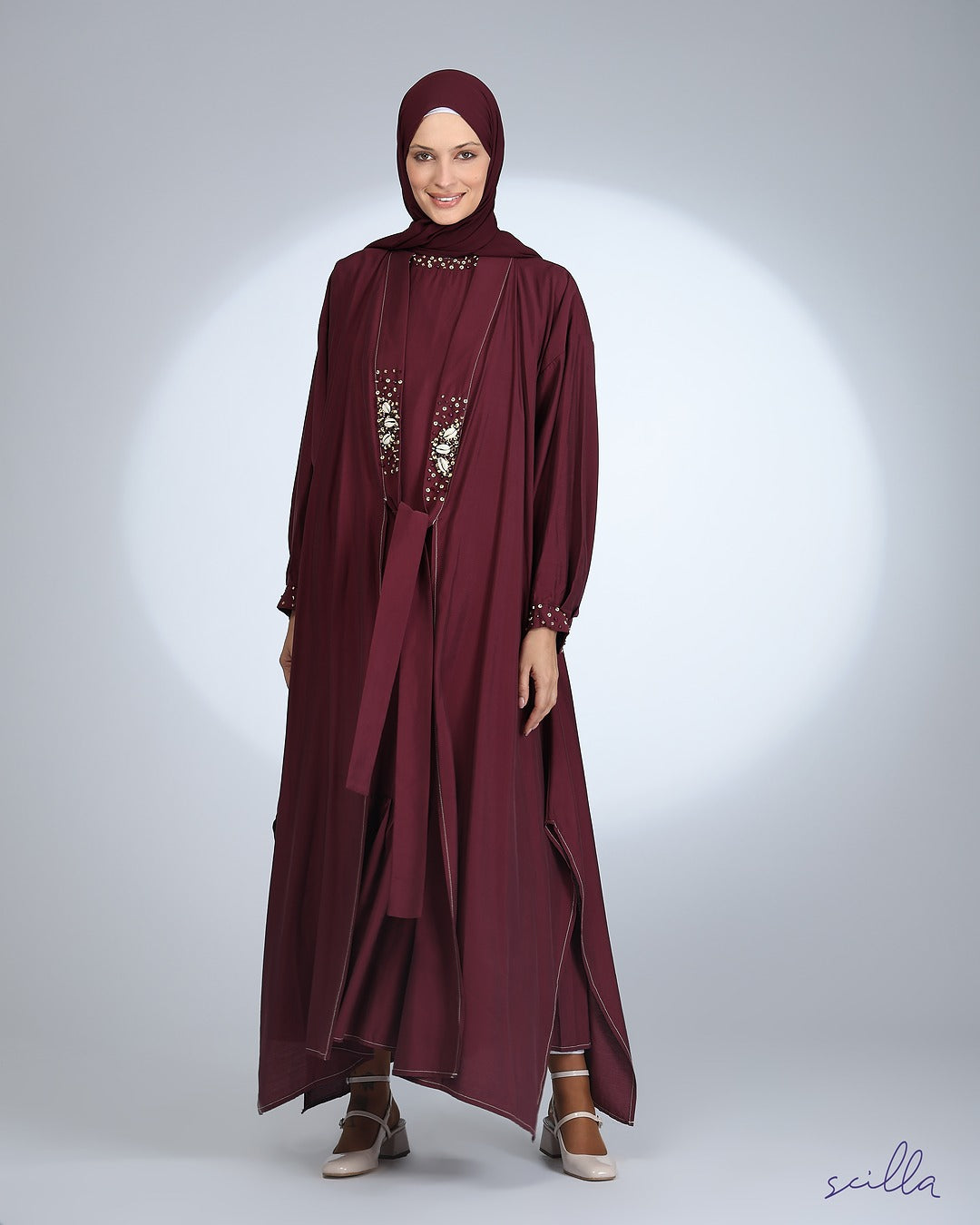 Burgundy Abaya with Shell Trim