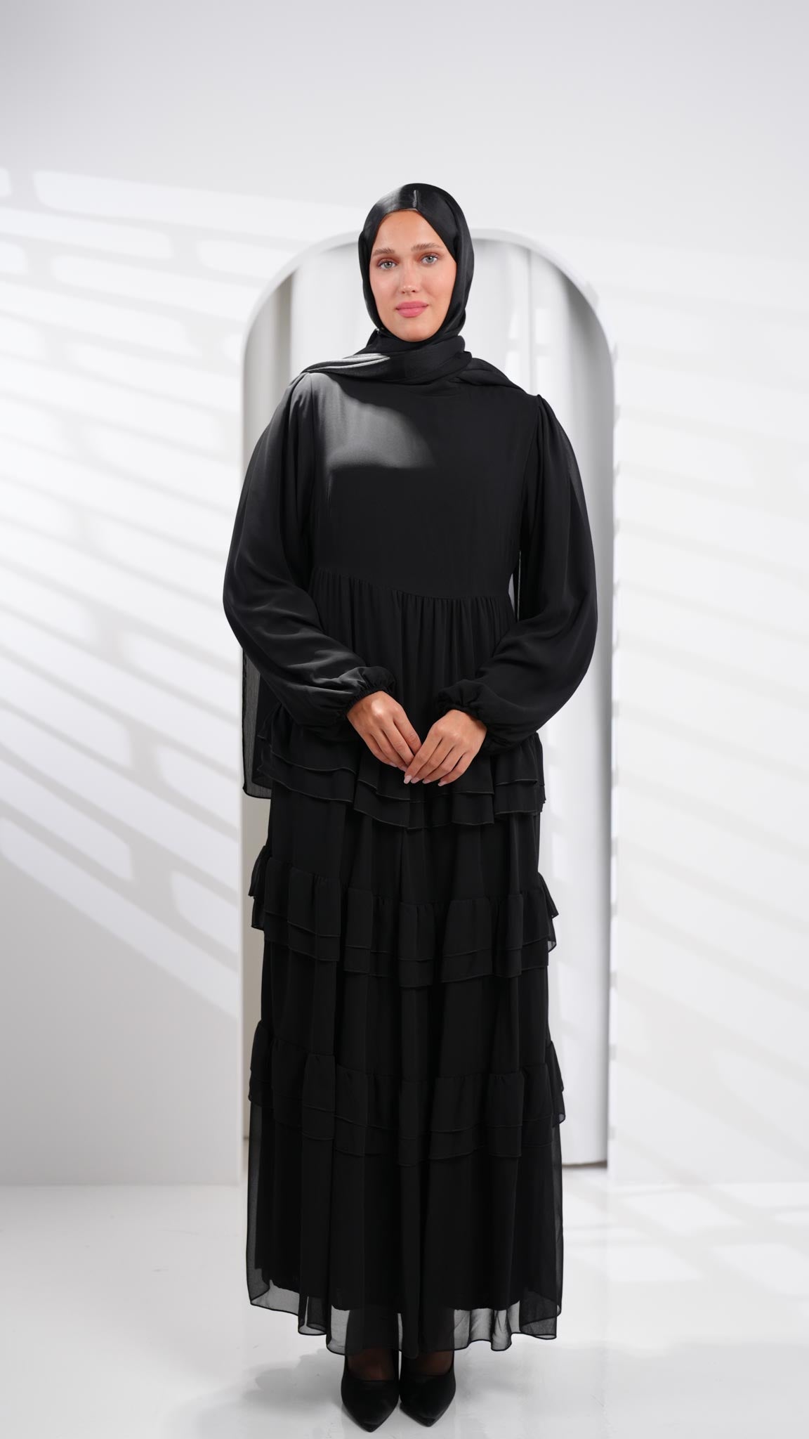 black dress abaya with Doubled Ruffles | ScillaShop Waist:31 height of 58 and classification:Coats Naomi Satin Asymmetric Hem