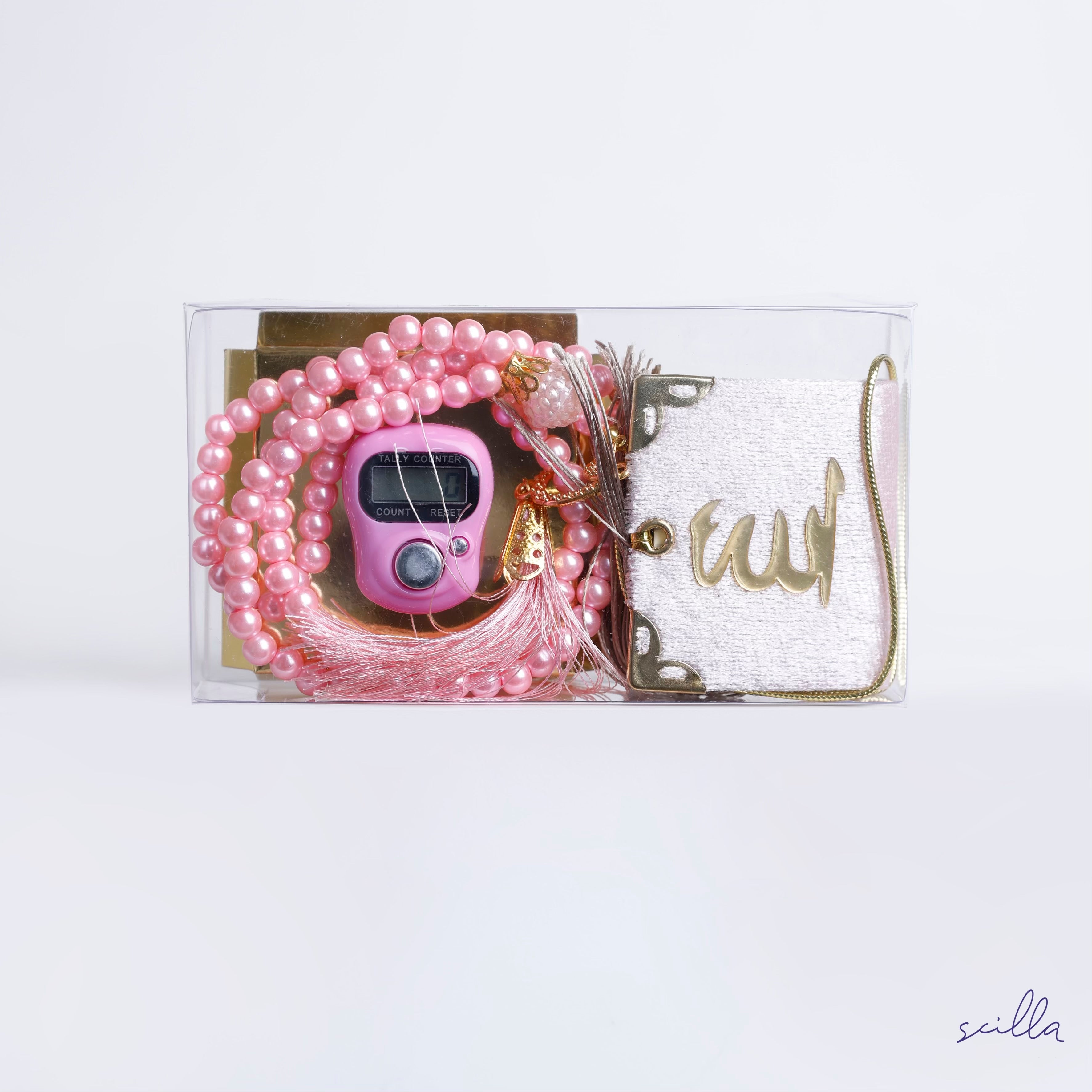 Pink Transparent Box Set – Small Quran, Tasbih, and Prayer Counter