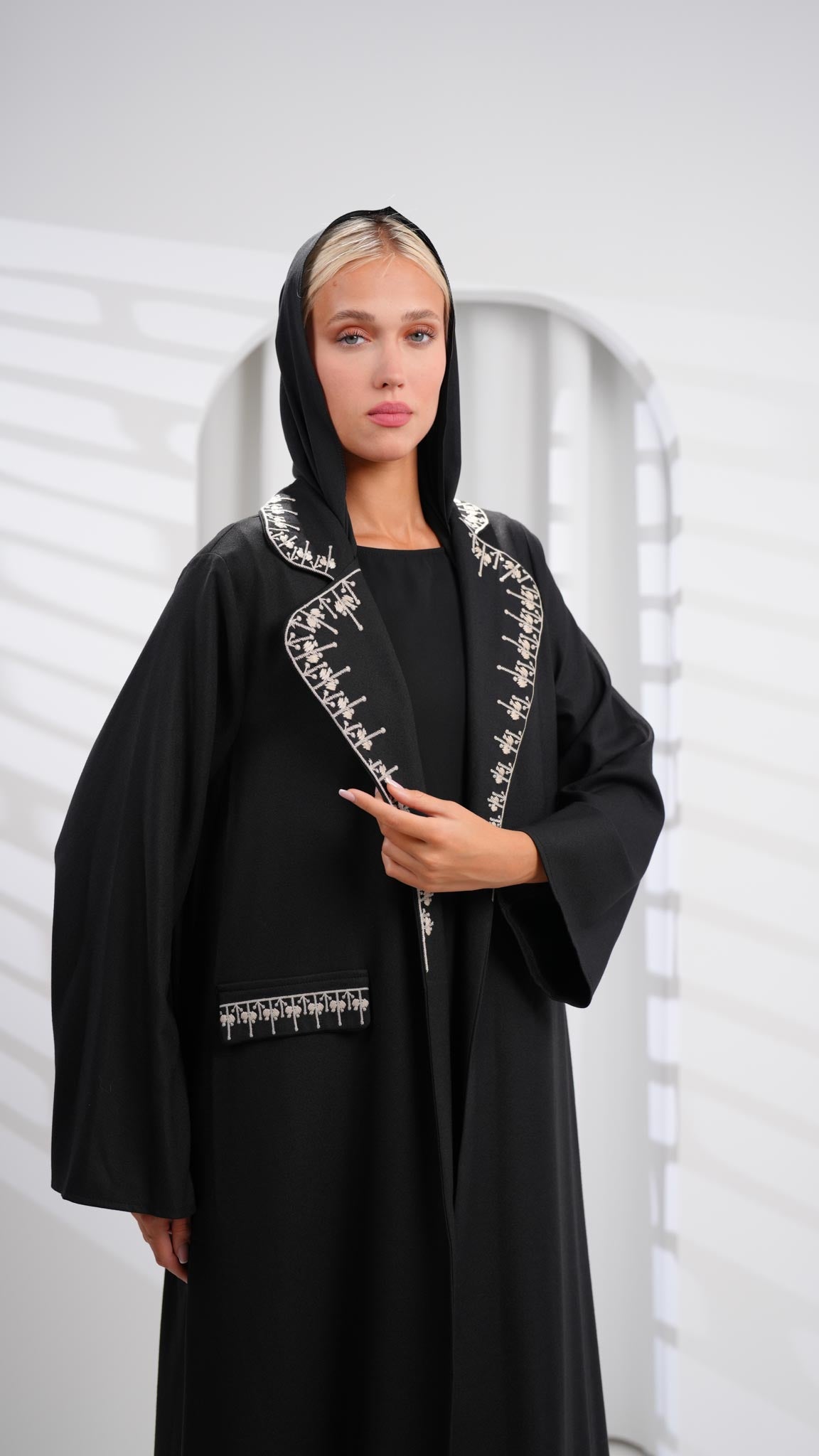 long black and white embroidered blazer abaya