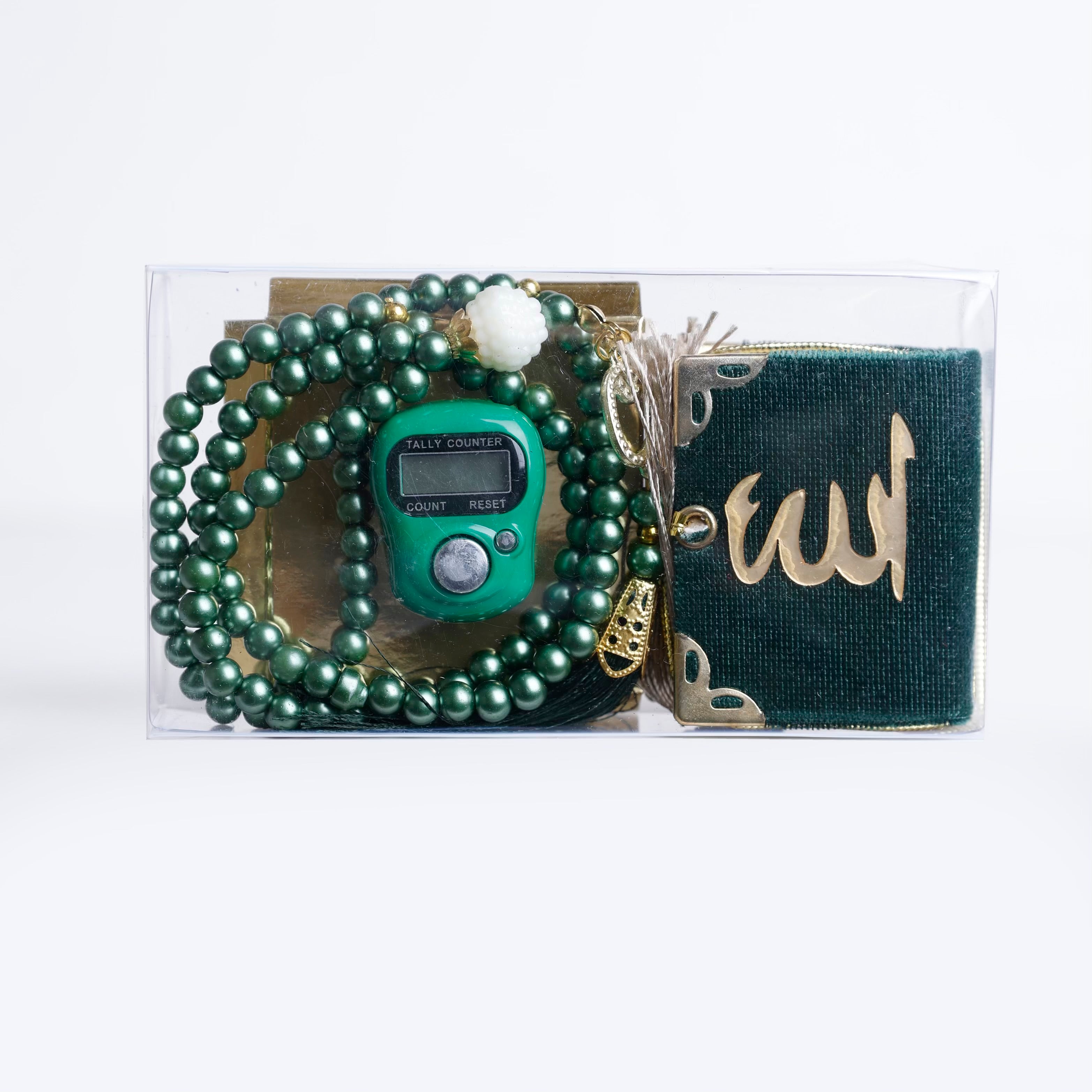 Green Transparent Box Set – Small Quran, Tasbih, and Prayer Counter