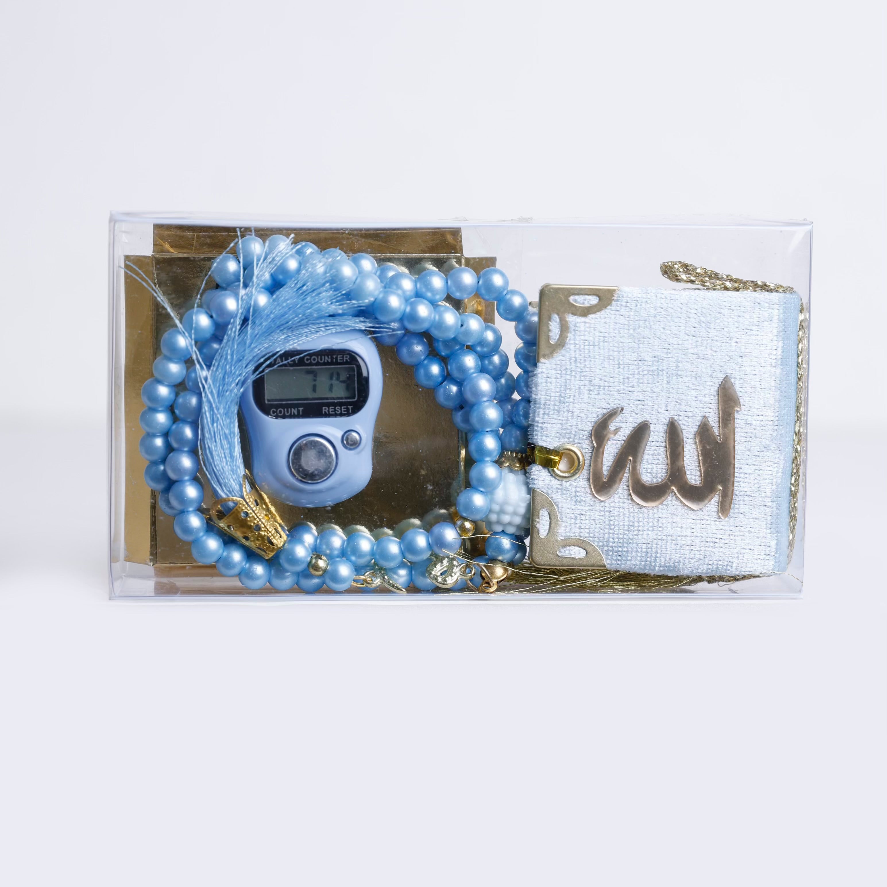 Blue Transparent Box Set – Small Quran, Tasbih, and Prayer Counter